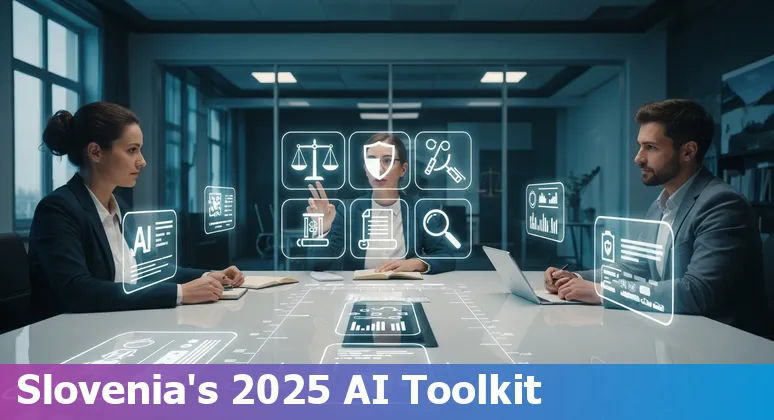 Collage of AI icons and legal scales representing top legal AI tools for Slovenian lawyers in 2025
