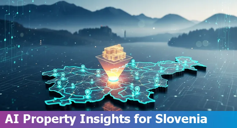 Slovenian properties collage with AI icons for valuation, virtual tours and sustainability