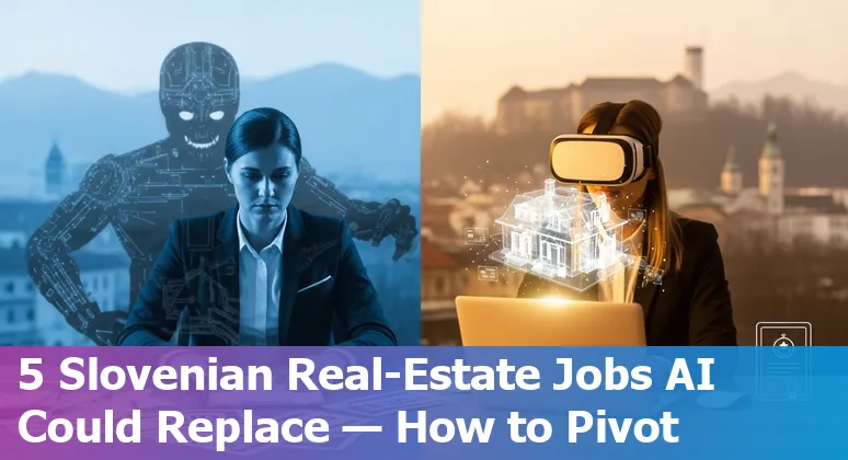 Real estate agent with Ljubljana skyline and AI tool icons showing adaptation and technology