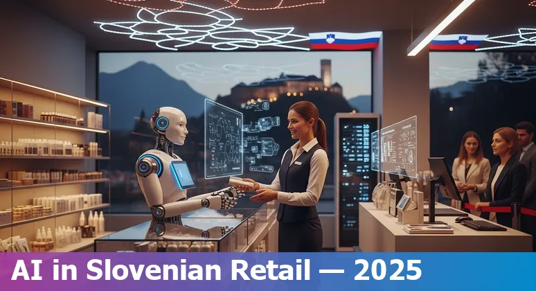 Retail AI guide 2025 for Slovenia showing Slovenian store, AI icons, Vega supercomputer and SI‑Chain blockchain