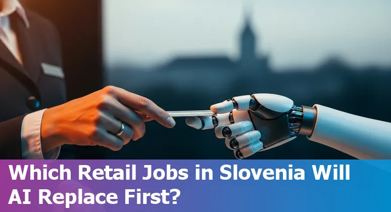 Slovenian retail worker using a self-checkout kiosk beside an AI screen in a supermarket.
