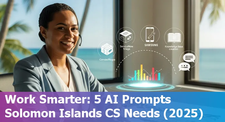 Customer service representative using AI prompts on a laptop with a Solomon Islands map visible in the background.