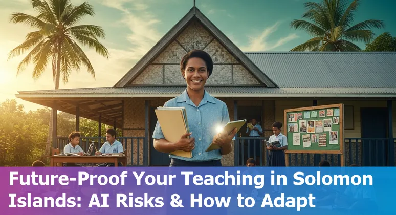 Teacher using a laptop with students in a Solomon Islands classroom illustrating AI's impact on education