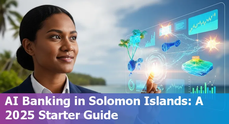 Illustration of AI in Solomon Islands financial services (2025) showing fraud detection, cloud infrastructure, and cross-functional teams in Solomon Islands.