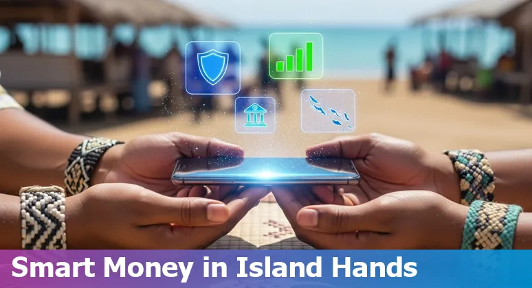 Map of Solomon Islands with icons for banking, AI, and regulatory documents