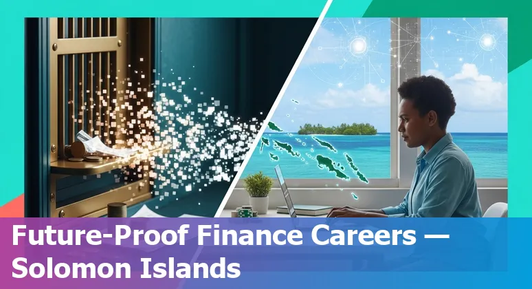 Illustration of a Solomon Islands bank teller, AI icons and digital banking symbols representing jobs at risk from AI