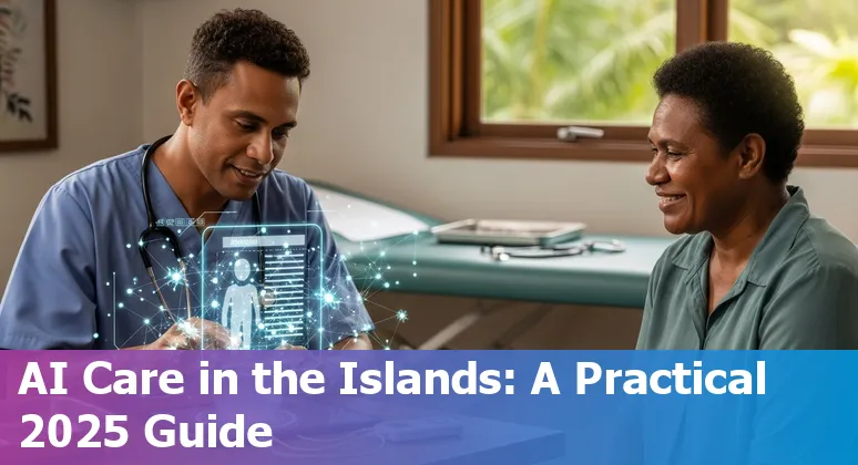 Health workers reviewing AI policy documents in a Solomon Islands hospital, 2025