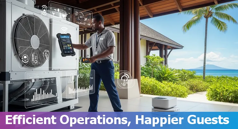 Hotel staff reviewing an AI operations dashboard in a Solomon Islands hotel