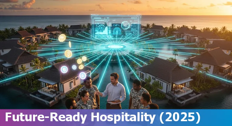 Hotel staff using AI-driven booking dashboard and local menu planning with Solomon Islands produce