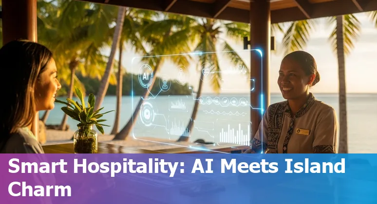 Hotel receptionist using AI tools on a tablet to assist guests at a Solomon Islands resort with palm trees and ocean in the background