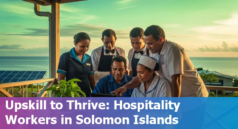 Hotel receptionist using a tablet at a Solomon Islands beachfront resort, with staff and guests interacting in background.