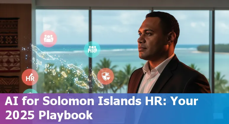 HR manager reviewing an AI policy checklist on a laptop in an office in Solomon Islands