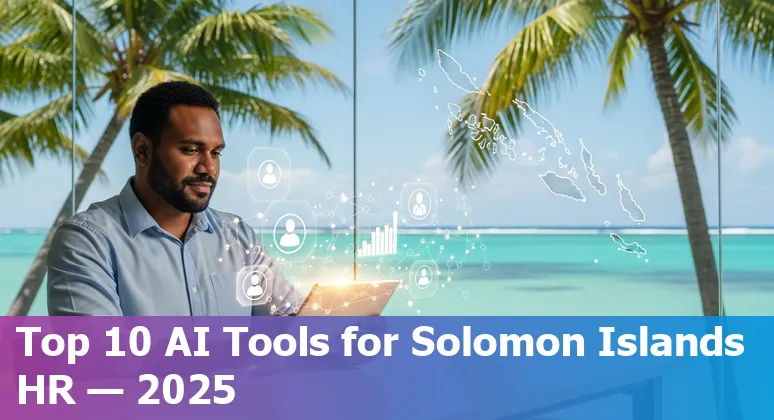 Collage of AI HR tool logos with a Solomon Islands office backdrop and HR team discussing technology