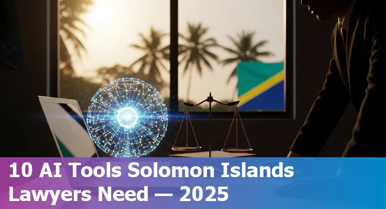 Collage of AI tool logos and a Solomon Islands courthouse with lawyers using laptops