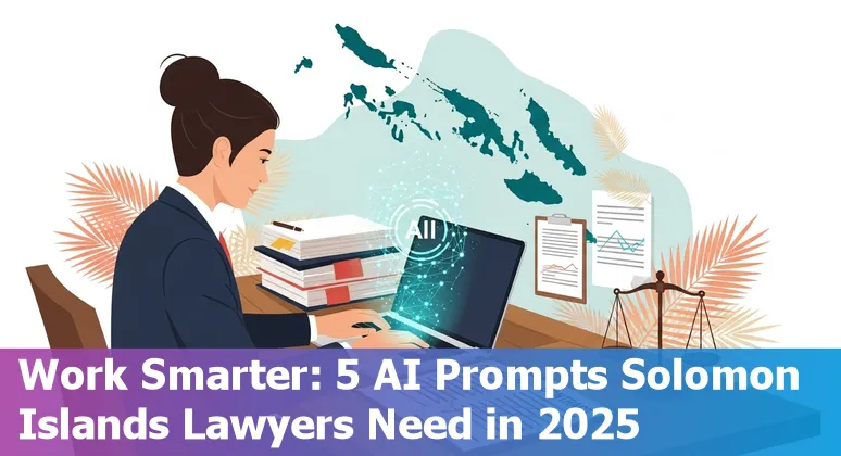 Solomon Islands legal professional using AI prompts on a laptop, with Honiara skyline in the background