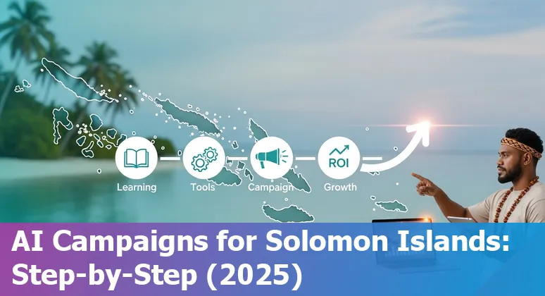 Marketing professional using AI tools with a Solomon Islands map and local icons in the background