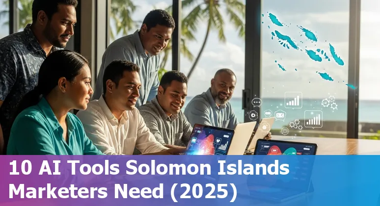 Collage of AI tool logos (ChatGPT, Canva, Jasper, Surfer SEO) overlaid on a Solomon Islands map with marketing icons