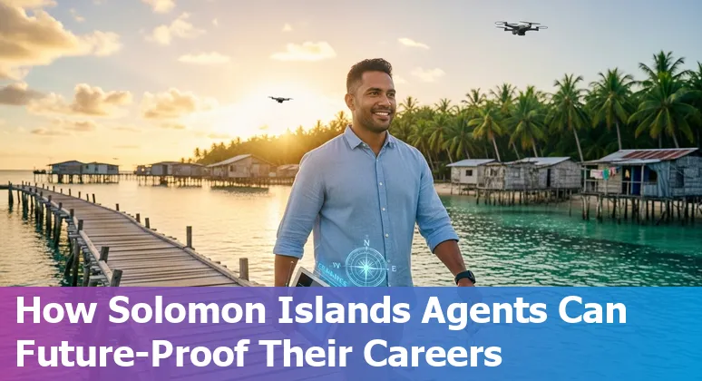 Realtor in the Solomon Islands reviewing AI tools on a laptop beside a local map and property photos