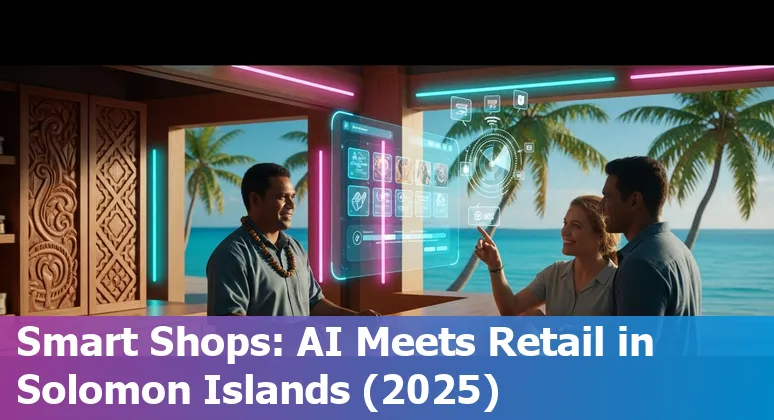 AI-driven retail dashboard and in-store tech with Solomon Islands map, illustrating AI in Solomon Islands retail in 2025