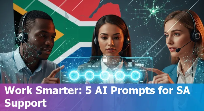 Customer service agent using AI prompts on laptop with South African language icons