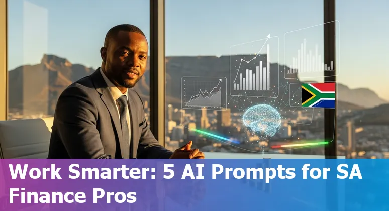 Finance professional using AI prompts on laptop showing ZAR dashboard and JSE chart