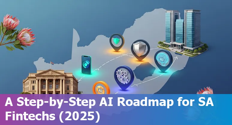 Graphic showing AI in South Africa financial services 2025: banks, fintech, data privacy (POPIA) and fraud detection icons.