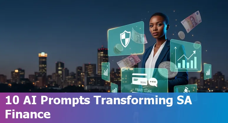 Illustration of AI in South African financial services showing fraud detection, chatbots, trading and data governance icons over a map of South Africa