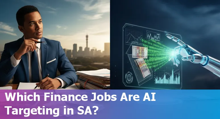 South African bank branch, chatbot icons and training/upskilling symbols representing jobs at risk from AI