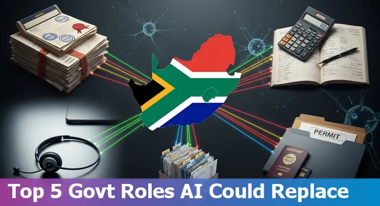 South African government office workers with AI icons overlay showing payroll, bookkeeping, call-centre, communications and legal tasks.