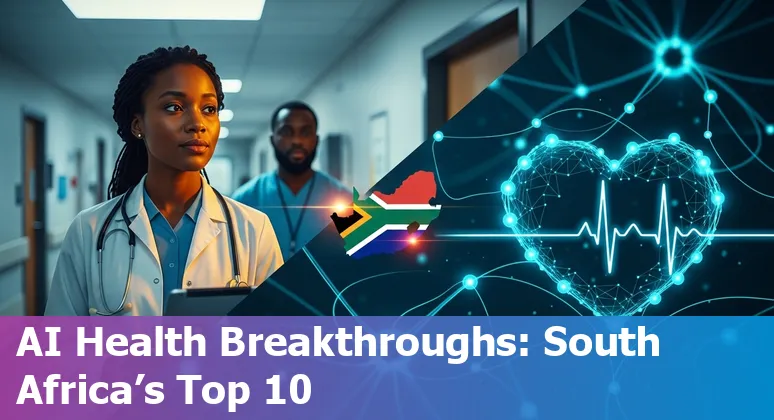 Collage of AI icons, South African map, stethoscope and hospital staff representing AI in healthcare South Africa