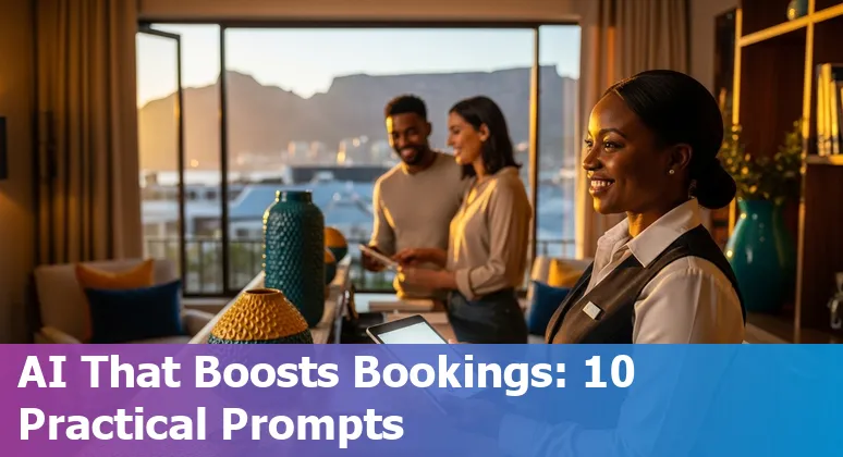 Hotel staff using AI chatbot and IoT smart-room controls in a South African hotel with Table Mountain in the background