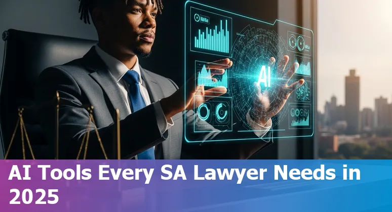 Collage of AI legal tools logos with South African gavel and scales representing legal tech adoption