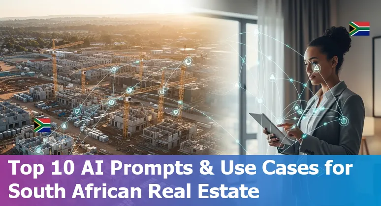 AI tools and South African real estate icons: house, Cape Town skyline, chatbot and data graphs