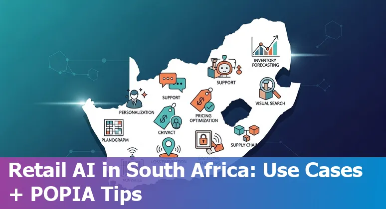 Illustration of AI prompts and retail use cases in South Africa, showing icons for inventory, chatbots, marketing, and a map of South Africa.
