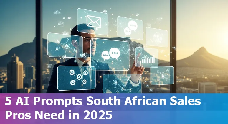 South African sales professional using AI prompts on a laptop with Johannesburg skyline in the background.