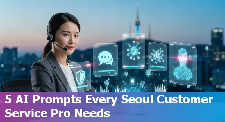 Illustration of a Korean customer service agent using AI prompts on a laptop with Kanban board and email templates