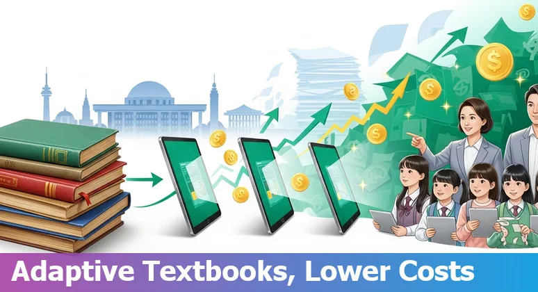Students using AI-supported digital textbooks in a South Korea classroom showing adaptive learning interface and teacher analytics.