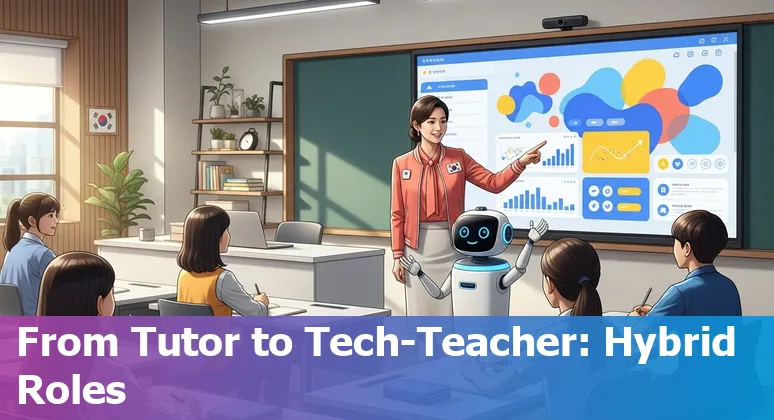 Teacher using AI tools in a South Korean classroom with students and digital screens