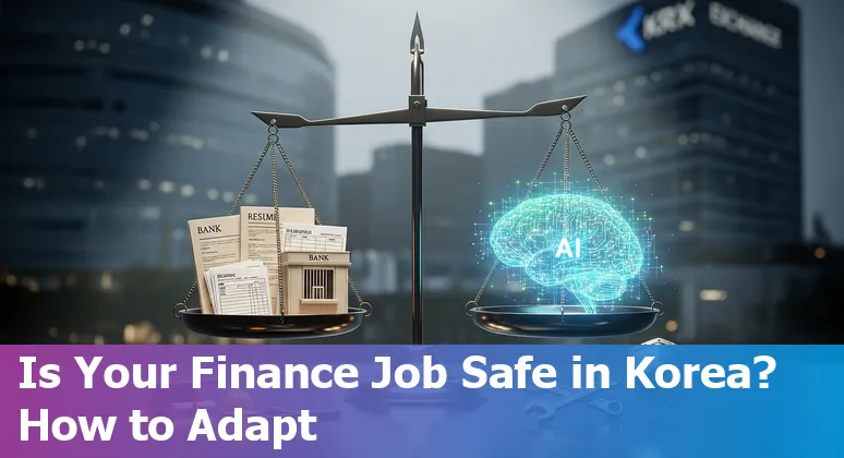 South Korean bank teller and AI chatbot visualization showing automation and upskilling in financial services