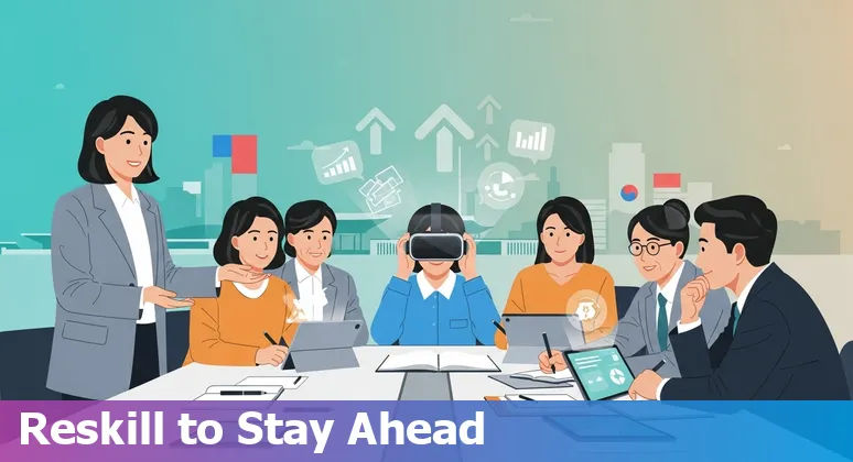 South Korean government worker with AI icons, showing automation risks and reskilling pathways.