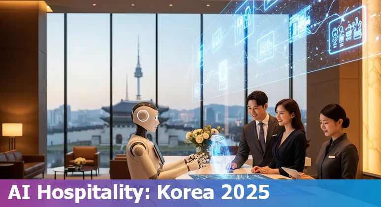 Hotel lobby with AI kiosk and a data center backdrop illustrating AI in the hospitality industry in South Korea in 2025