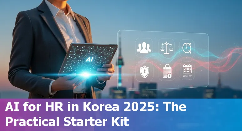 HR professional using AI dashboard with South Korea flag overlay and 2025 compliance icons in South Korea