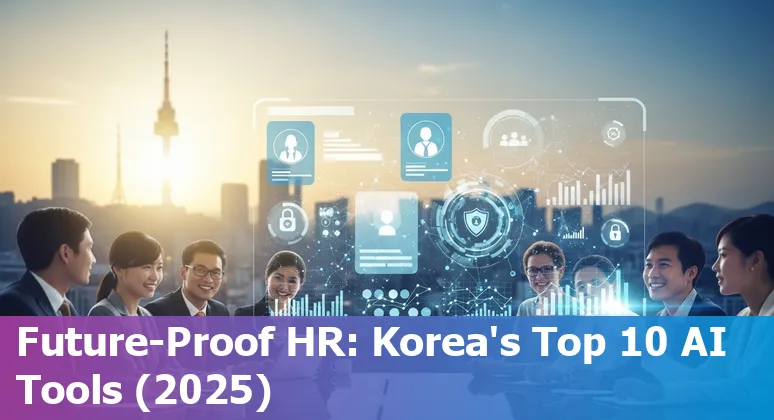 Collage of AI-driven HR tools and Korean office scene illustrating recruitment, performance and org planning in 2025