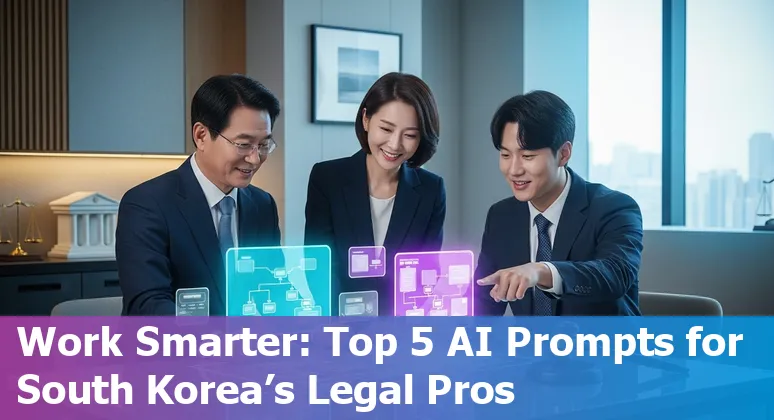 Legal professional using AI prompts on a laptop beside South Korean law books and the national flag