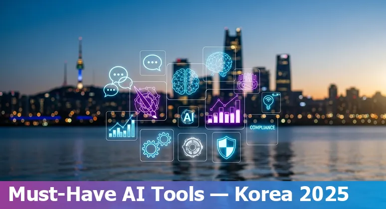 Collage of AI tool logos (ChatGPT, Claude, Jasper AI, HubSpot, MidJourney, Adobe Firefly, Surfer SEO, Copy.ai, Brandwatch, Lumen5) over a map of South Korea