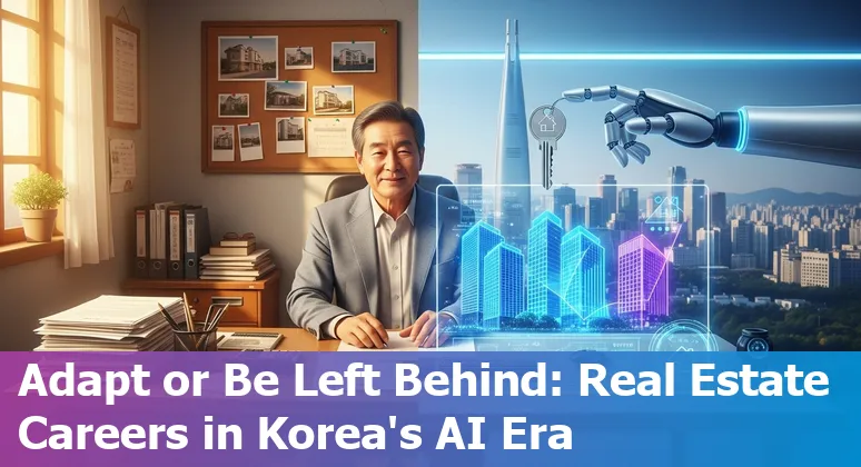 Real estate agent pointing at a digital property listing with AI icons representing automation and data in South Korea