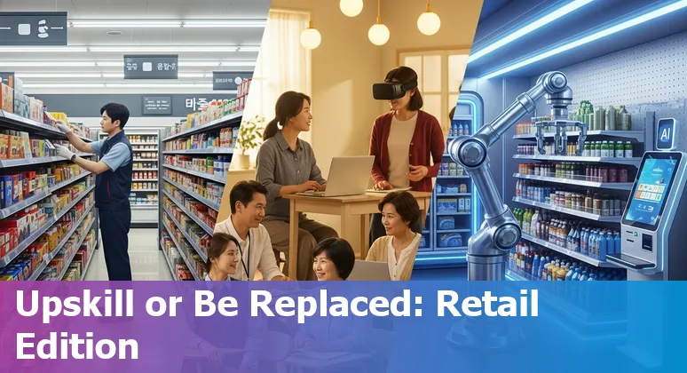 Retail store in South Korea with cashierless self-checkout and staff using tablets to manage inventory.