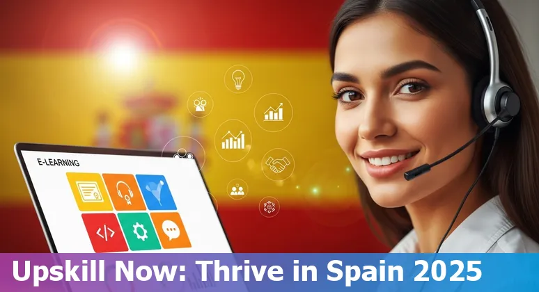 Customer service agent using AI tools on-screen with Spain skyline in background, Spain 2025