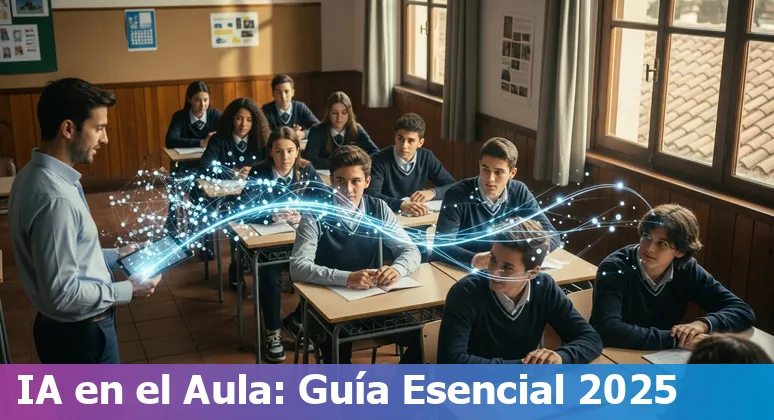 Illustration of AI in a Spanish classroom with teachers and students using AI tools in Spain 2025