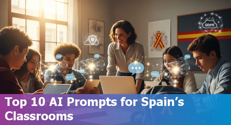 Teacher and students using AI tools (ChatGPT, Duolingo, DataCamp) on laptops in a Spanish classroom